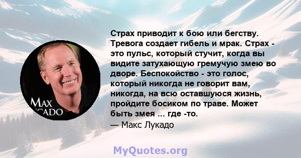 Страх приводит к бою или бегству. Тревога создает гибель и мрак. Страх - это пульс, который стучит, когда вы видите затухающую гремучую змею во дворе. Беспокойство - это голос, который никогда не говорит вам, никогда,