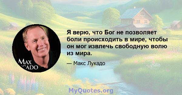 Я верю, что Бог не позволяет боли происходить в мире, чтобы он мог извлечь свободную волю из мира.