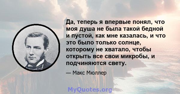 Да, теперь я впервые понял, что моя душа не была такой бедной и пустой, как мне казалась, и что это было только солнце, которому не хватало, чтобы открыть все свои микробы, и подчиняются свету.