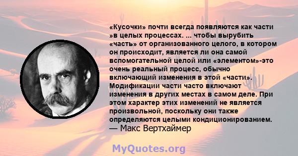 «Кусочки» почти всегда появляются как части »в целых процессах. ... чтобы вырубить «часть» от организованного целого, в котором он происходит, является ли она самой вспомогательной целой или «элементом»-это очень