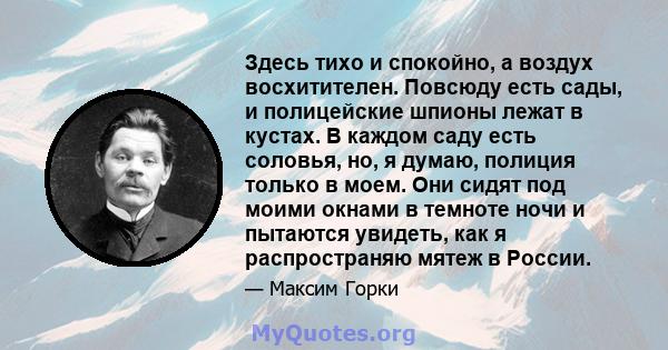 Здесь тихо и спокойно, а воздух восхитителен. Повсюду есть сады, и полицейские шпионы лежат в кустах. В каждом саду есть соловья, но, я думаю, полиция только в моем. Они сидят под моими окнами в темноте ночи и пытаются