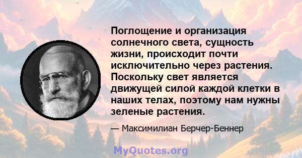 Поглощение и организация солнечного света, сущность жизни, происходит почти исключительно через растения. Поскольку свет является движущей силой каждой клетки в наших телах, поэтому нам нужны зеленые растения.