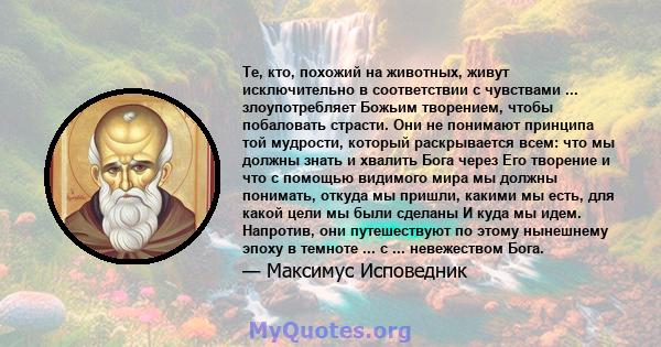 Те, кто, похожий на животных, живут исключительно в соответствии с чувствами ... злоупотребляет Божьим творением, чтобы побаловать страсти. Они не понимают принципа той мудрости, который раскрывается всем: что мы должны 