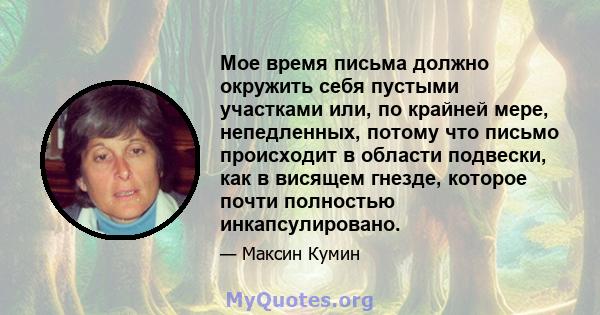 Мое время письма должно окружить себя пустыми участками или, по крайней мере, непедленных, потому что письмо происходит в области подвески, как в висящем гнезде, которое почти полностью инкапсулировано.