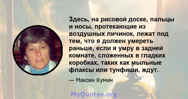 Здесь, на рисовой доске, пальцы и носы, протекающие из воздушных личинок, лежат под тем, что я должен умереть раньше, если я умру в задней комнате, сложенных в гладких коробках, таких как мыльные флаксы или тунфиши,