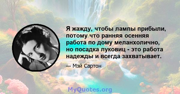 Я жажду, чтобы лампы прибыли, потому что ранняя осенняя работа по дому меланхолично, но посадка луковиц - это работа надежды и всегда захватывает.