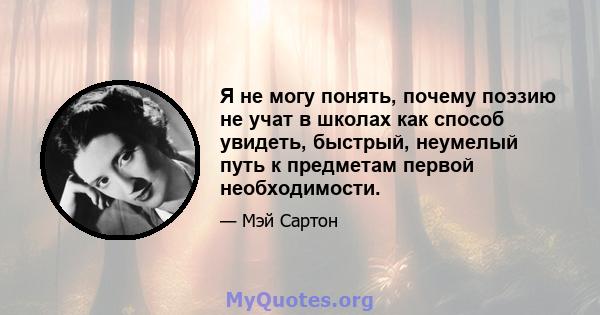 Я не могу понять, почему поэзию не учат в школах как способ увидеть, быстрый, неумелый путь к предметам первой необходимости.