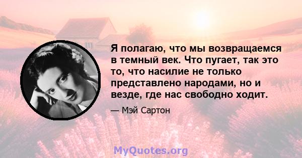 Я полагаю, что мы возвращаемся в темный век. Что пугает, так это то, что насилие не только представлено народами, но и везде, где нас свободно ходит.