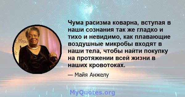 Чума расизма коварна, вступая в наши сознания так же гладко и тихо и невидимо, как плавающие воздушные микробы входят в наши тела, чтобы найти покупку на протяжении всей жизни в наших кровотоках.