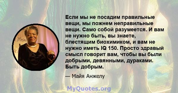 Если мы не посадим правильные вещи, мы пожнем неправильные вещи. Само собой разумеется. И вам не нужно быть, вы знаете, блестящим биохимиком, и вам не нужно иметь IQ 150. Просто здравый смысл говорит вам, чтобы вы были