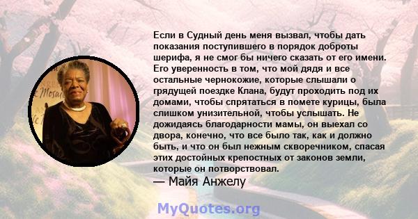 Если в Судный день меня вызвал, чтобы дать показания поступившего в порядок доброты шерифа, я не смог бы ничего сказать от его имени. Его уверенность в том, что мой дядя и все остальные чернокожие, которые слышали о