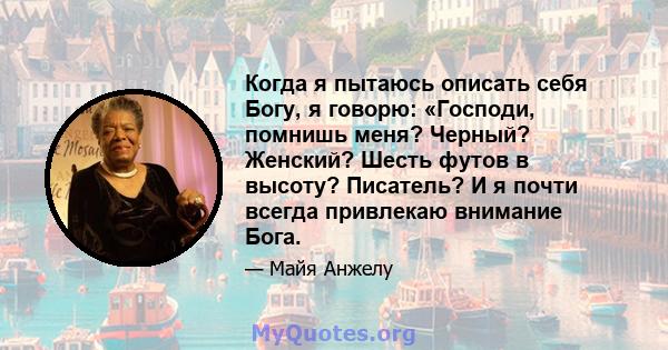 Когда я пытаюсь описать себя Богу, я говорю: «Господи, помнишь меня? Черный? Женский? Шесть футов в высоту? Писатель? И я почти всегда привлекаю внимание Бога.