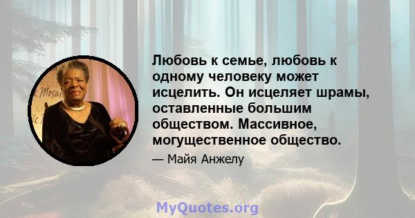 Любовь к семье, любовь к одному человеку может исцелить. Он исцеляет шрамы, оставленные большим обществом. Массивное, могущественное общество.