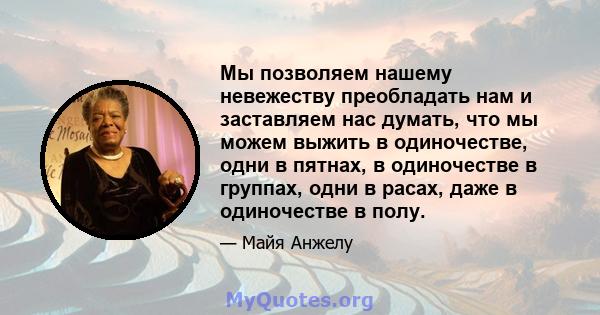 Мы позволяем нашему невежеству преобладать нам и заставляем нас думать, что мы можем выжить в одиночестве, одни в пятнах, в одиночестве в группах, одни в расах, даже в одиночестве в полу.