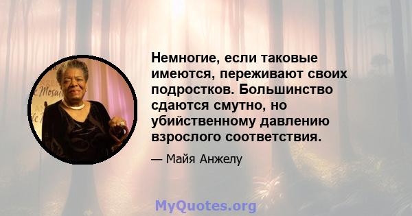 Немногие, если таковые имеются, переживают своих подростков. Большинство сдаются смутно, но убийственному давлению взрослого соответствия.