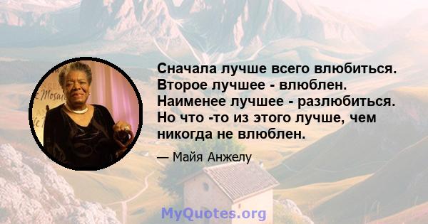 Сначала лучше всего влюбиться. Второе лучшее - влюблен. Наименее лучшее - разлюбиться. Но что -то из этого лучше, чем никогда не влюблен.