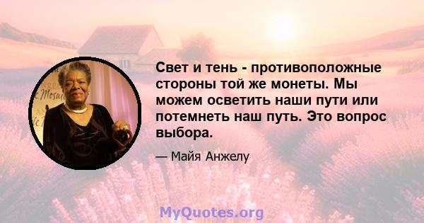 Свет и тень - противоположные стороны той же монеты. Мы можем осветить наши пути или потемнеть наш путь. Это вопрос выбора.