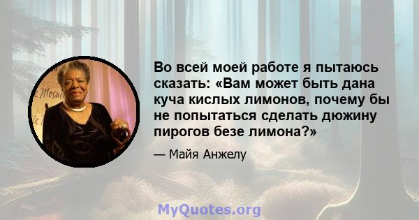 Во всей моей работе я пытаюсь сказать: «Вам может быть дана куча кислых лимонов, почему бы не попытаться сделать дюжину пирогов безе лимона?»