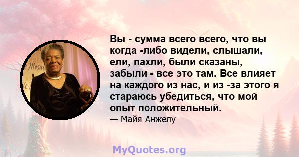 Вы - сумма всего всего, что вы когда -либо видели, слышали, ели, пахли, были сказаны, забыли - все это там. Все влияет на каждого из нас, и из -за этого я стараюсь убедиться, что мой опыт положительный.