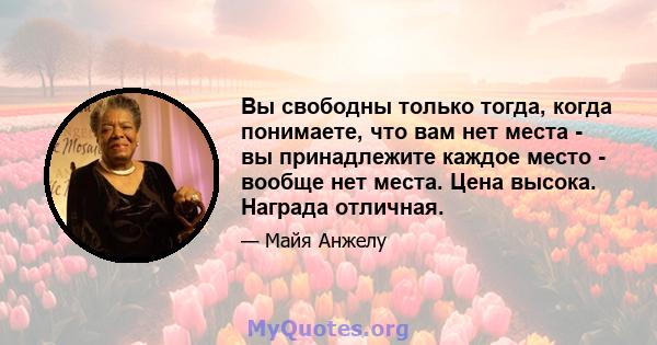 Вы свободны только тогда, когда понимаете, что вам нет места - вы принадлежите каждое место - вообще нет места. Цена высока. Награда отличная.