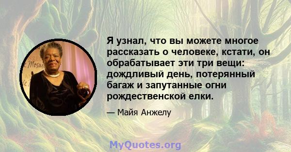 Я узнал, что вы можете многое рассказать о человеке, кстати, он обрабатывает эти три вещи: дождливый день, потерянный багаж и запутанные огни рождественской елки.