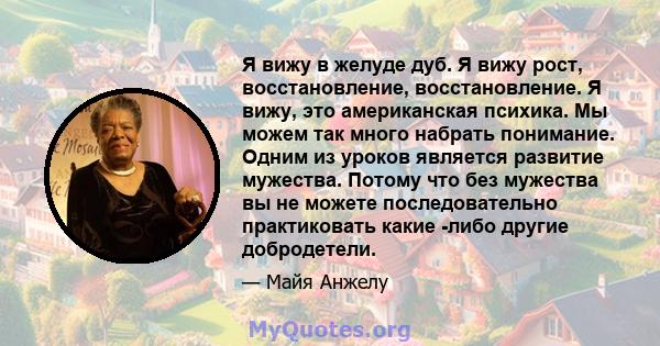 Я вижу в желуде дуб. Я вижу рост, восстановление, восстановление. Я вижу, это американская психика. Мы можем так много набрать понимание. Одним из уроков является развитие мужества. Потому что без мужества вы не можете