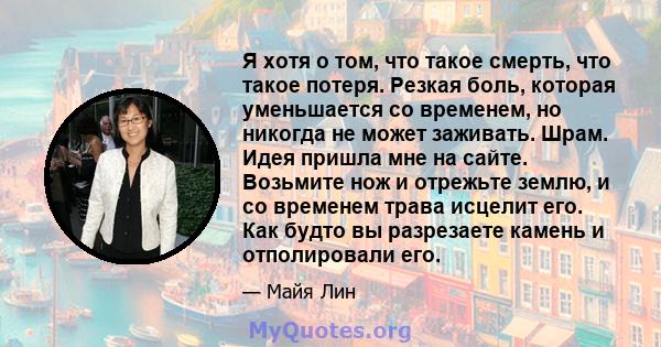 Я хотя о том, что такое смерть, что такое потеря. Резкая боль, которая уменьшается со временем, но никогда не может заживать. Шрам. Идея пришла мне на сайте. Возьмите нож и отрежьте землю, и со временем трава исцелит