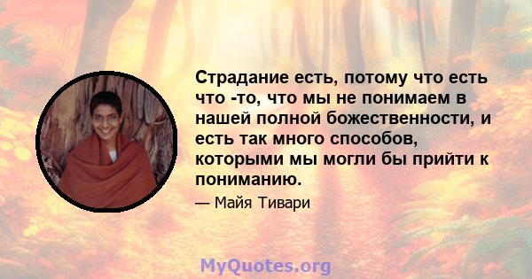 Страдание есть, потому что есть что -то, что мы не понимаем в нашей полной божественности, и есть так много способов, которыми мы могли бы прийти к пониманию.