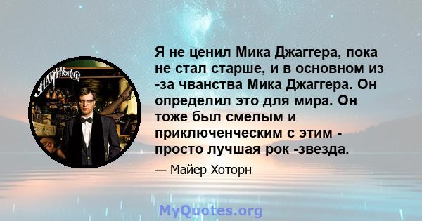 Я не ценил Мика Джаггера, пока не стал старше, и в основном из -за чванства Мика Джаггера. Он определил это для мира. Он тоже был смелым и приключенческим с этим - просто лучшая рок -звезда.