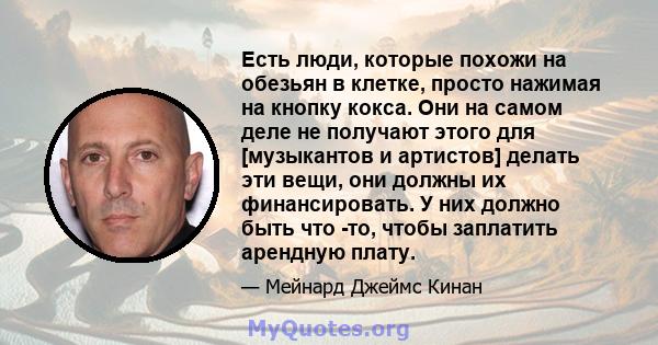 Есть люди, которые похожи на обезьян в клетке, просто нажимая на кнопку кокса. Они на самом деле не получают этого для [музыкантов и артистов] делать эти вещи, они должны их финансировать. У них должно быть что -то,