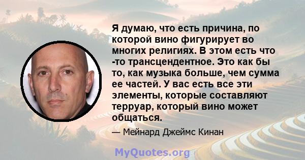 Я думаю, что есть причина, по которой вино фигурирует во многих религиях. В этом есть что -то трансцендентное. Это как бы то, как музыка больше, чем сумма ее частей. У вас есть все эти элементы, которые составляют