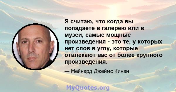 Я считаю, что когда вы попадаете в галерею или в музей, самые мощные произведения - это те, у которых нет слов в углу, которые отвлекают вас от более крупного произведения.