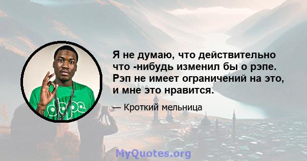 Я не думаю, что действительно что -нибудь изменил бы о рэпе. Рэп не имеет ограничений на это, и мне это нравится.