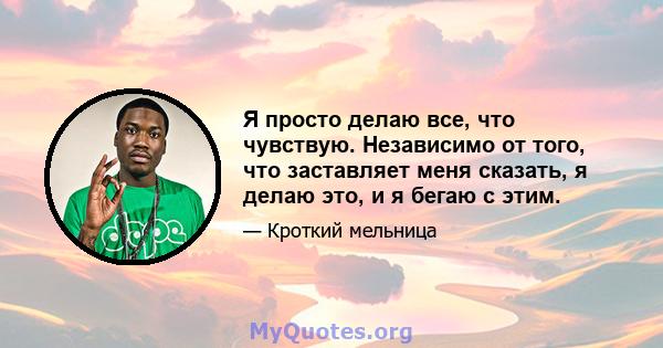 Я просто делаю все, что чувствую. Независимо от того, что заставляет меня сказать, я делаю это, и я бегаю с этим.