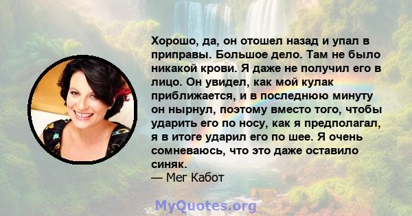 Хорошо, да, он отошел назад и упал в приправы. Большое дело. Там не было никакой крови. Я даже не получил его в лицо. Он увидел, как мой кулак приближается, и в последнюю минуту он нырнул, поэтому вместо того, чтобы