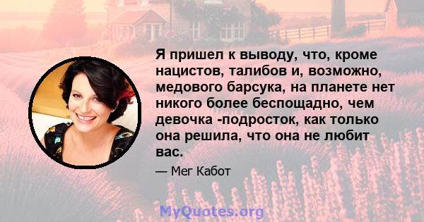 Я пришел к выводу, что, кроме нацистов, талибов и, возможно, медового барсука, на планете нет никого более беспощадно, чем девочка -подросток, как только она решила, что она не любит вас.