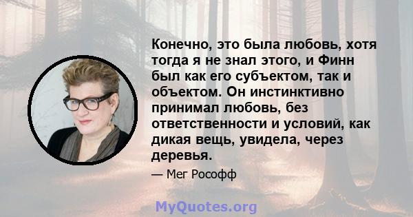 Конечно, это была любовь, хотя тогда я не знал этого, и Финн был как его субъектом, так и объектом. Он инстинктивно принимал любовь, без ответственности и условий, как дикая вещь, увидела, через деревья.