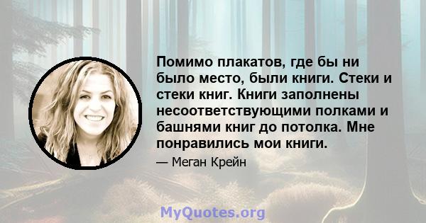 Помимо плакатов, где бы ни было место, были книги. Стеки и стеки книг. Книги заполнены несоответствующими полками и башнями книг до потолка. Мне понравились мои книги.