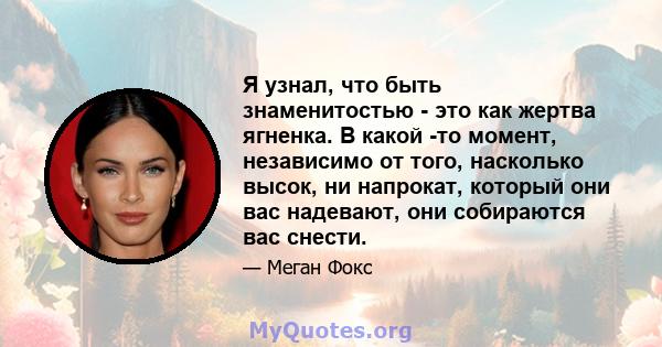 Я узнал, что быть знаменитостью - это как жертва ягненка. В какой -то момент, независимо от того, насколько высок, ни напрокат, который они вас надевают, они собираются вас снести.