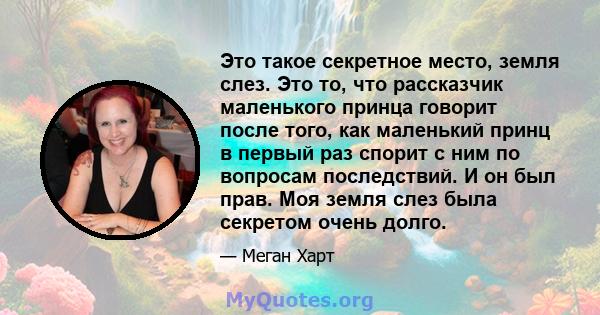 Это такое секретное место, земля слез. Это то, что рассказчик маленького принца говорит после того, как маленький принц в первый раз спорит с ним по вопросам последствий. И он был прав. Моя земля слез была секретом