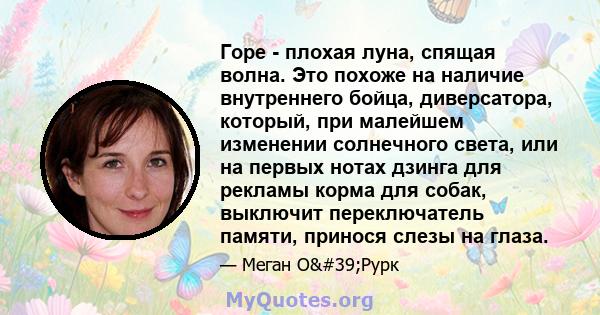 Горе - плохая луна, спящая волна. Это похоже на наличие внутреннего бойца, диверсатора, который, при малейшем изменении солнечного света, или на первых нотах дзинга для рекламы корма для собак, выключит переключатель