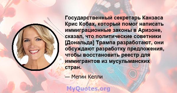 Государственный секретарь Канзаса Крис Кобах, который помог написать иммиграционные законы в Аризоне, сказал, что политические советники [Дональда] Трампа разработают, они обсуждают разработку предложения, чтобы