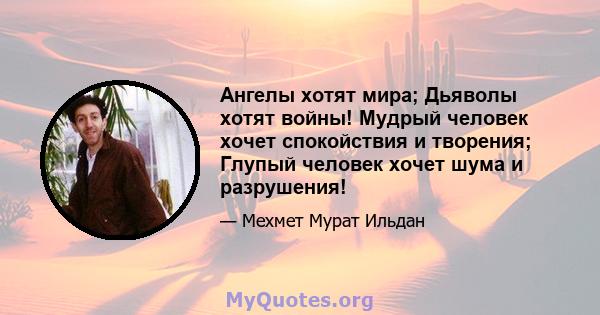 Ангелы хотят мира; Дьяволы хотят войны! Мудрый человек хочет спокойствия и творения; Глупый человек хочет шума и разрушения!