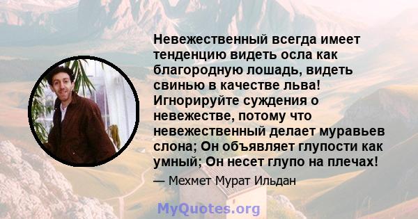 Невежественный всегда имеет тенденцию видеть осла как благородную лошадь, видеть свинью в качестве льва! Игнорируйте суждения о невежестве, потому что невежественный делает муравьев слона; Он объявляет глупости как