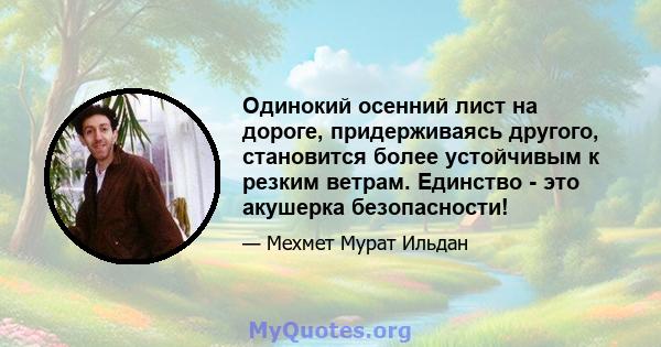 Одинокий осенний лист на дороге, придерживаясь другого, становится более устойчивым к резким ветрам. Единство - это акушерка безопасности!