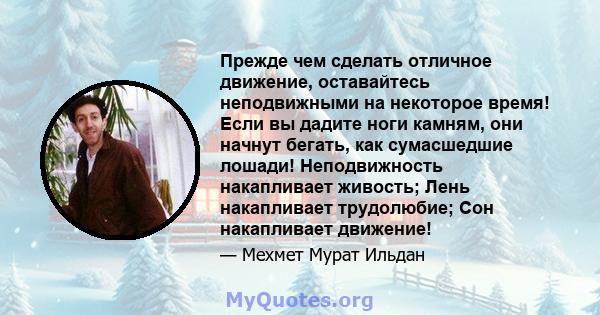 Прежде чем сделать отличное движение, оставайтесь неподвижными на некоторое время! Если вы дадите ноги камням, они начнут бегать, как сумасшедшие лошади! Неподвижность накапливает живость; Лень накапливает трудолюбие;