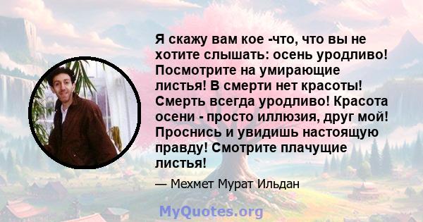 Я скажу вам кое -что, что вы не хотите слышать: осень уродливо! Посмотрите на умирающие листья! В смерти нет красоты! Смерть всегда уродливо! Красота осени - просто иллюзия, друг мой! Проснись и увидишь настоящую