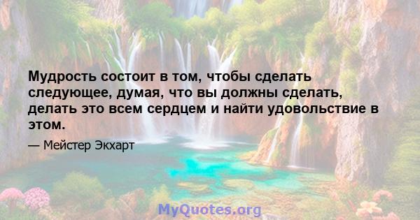 Мудрость состоит в том, чтобы сделать следующее, думая, что вы должны сделать, делать это всем сердцем и найти удовольствие в этом.