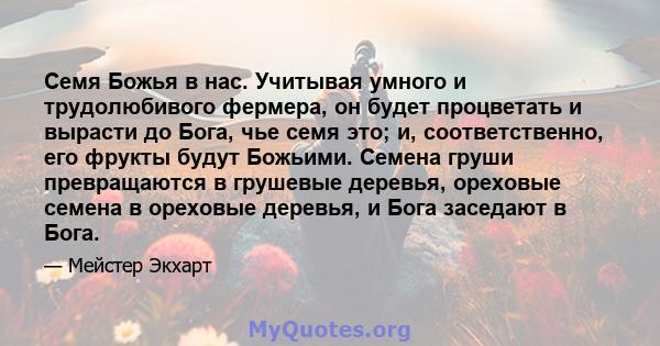 Семя Божья в нас. Учитывая умного и трудолюбивого фермера, он будет процветать и вырасти до Бога, чье семя это; и, соответственно, его фрукты будут Божьими. Семена груши превращаются в грушевые деревья, ореховые семена