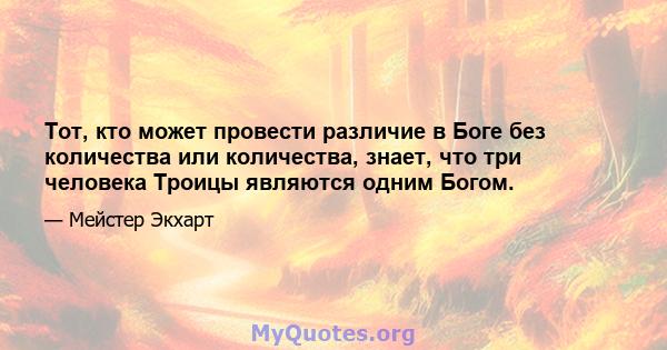 Тот, кто может провести различие в Боге без количества или количества, знает, что три человека Троицы являются одним Богом.